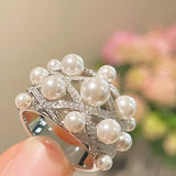 Swarovski Pearl Statement Ring Quilted Hollow Design - floysun