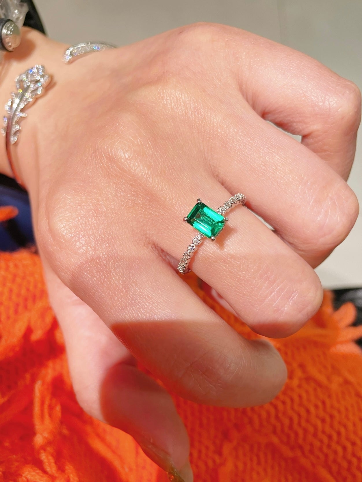 T - Cut Emerald Sugar Cube Solitaire Ring - floysun