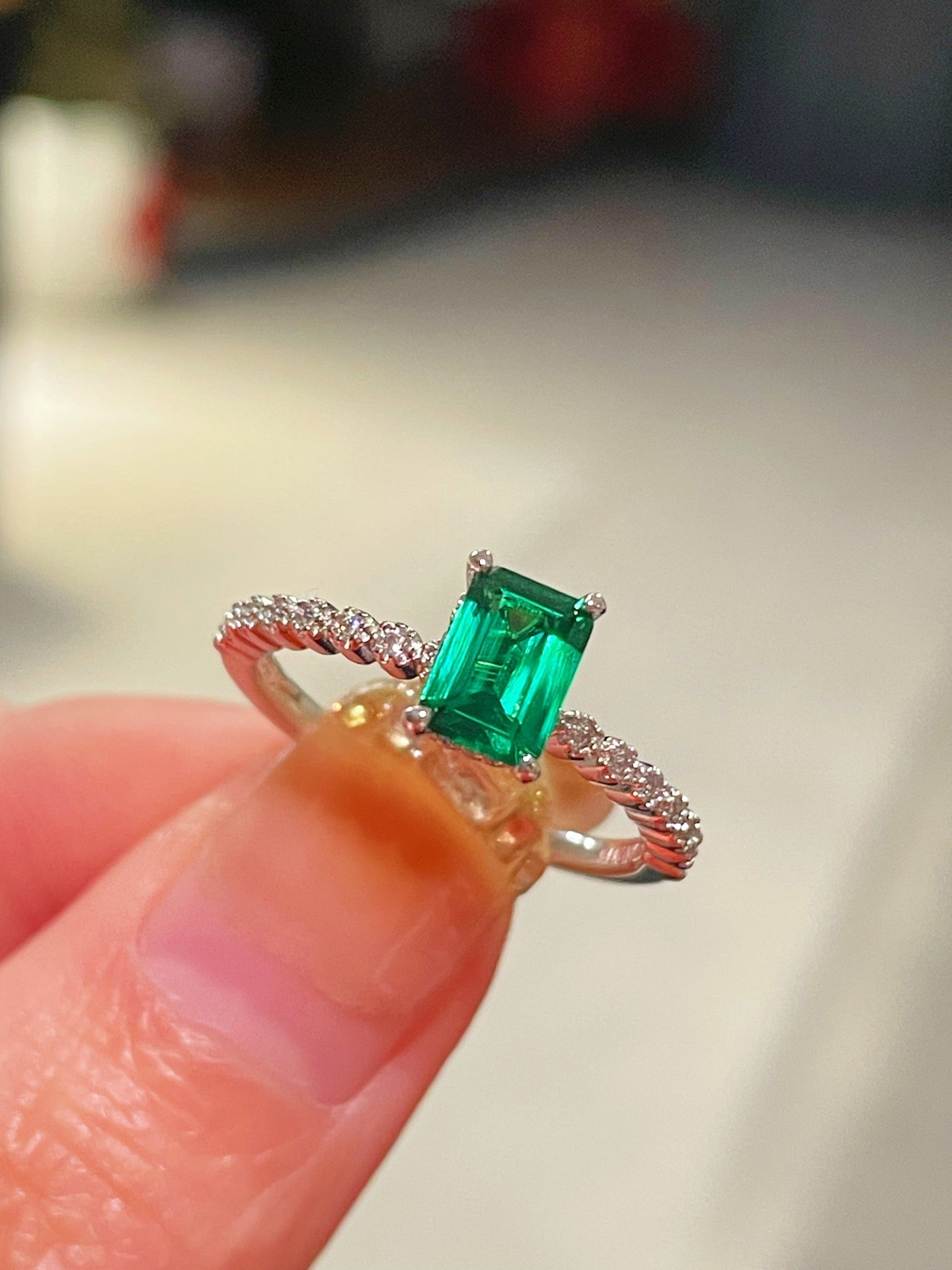 T - Cut Emerald Sugar Cube Solitaire Ring - floysun