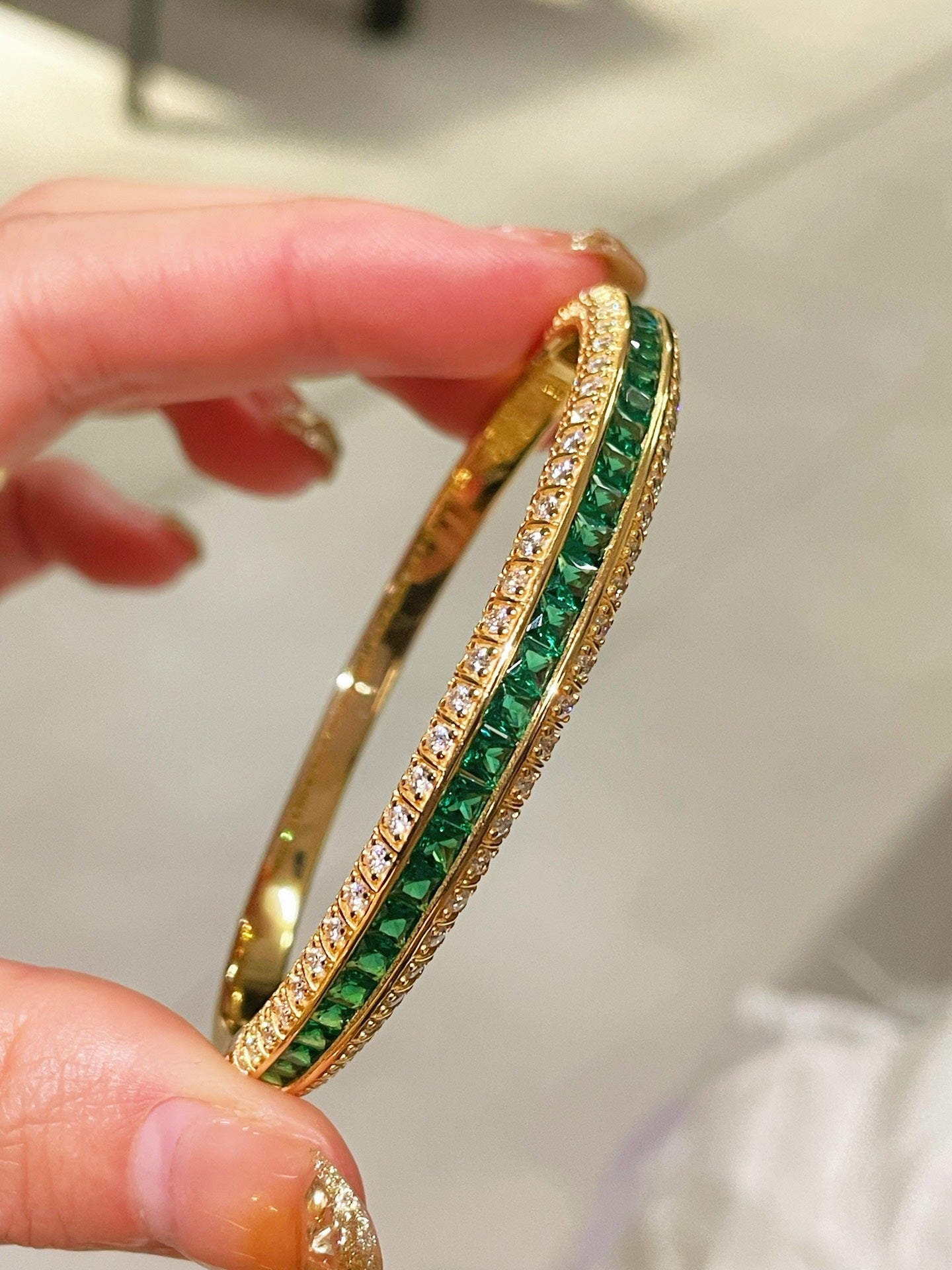 T - Square Full Diamond Emerald Bangle - floysun