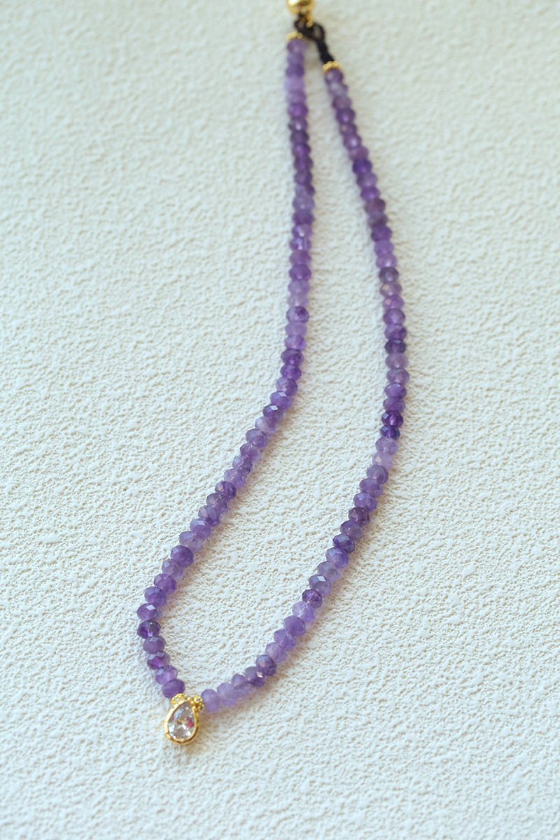 Teardrop Grace Necklace – Amethyst Beads with Zircon Drop - floysun