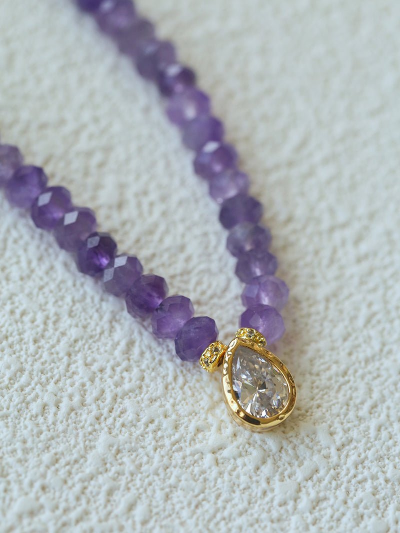 Teardrop Grace Necklace – Amethyst Beads with Zircon Drop - floysun