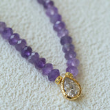 Teardrop Grace Necklace – Amethyst Beads with Zircon Drop - floysun