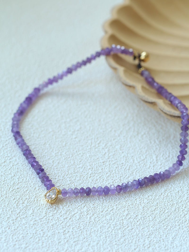 Teardrop Grace Necklace – Amethyst Beads with Zircon Drop - floysun
