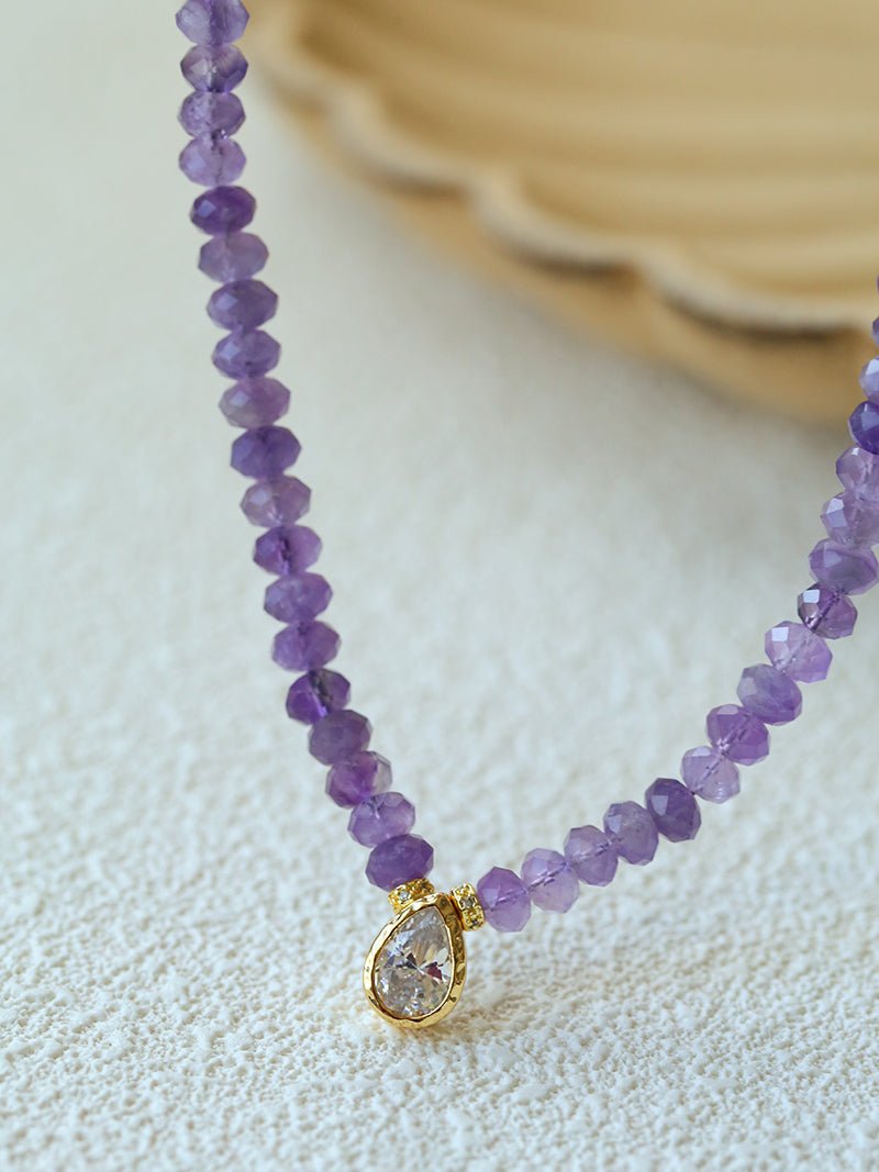 Teardrop Grace Necklace – Amethyst Beads with Zircon Drop - floysun