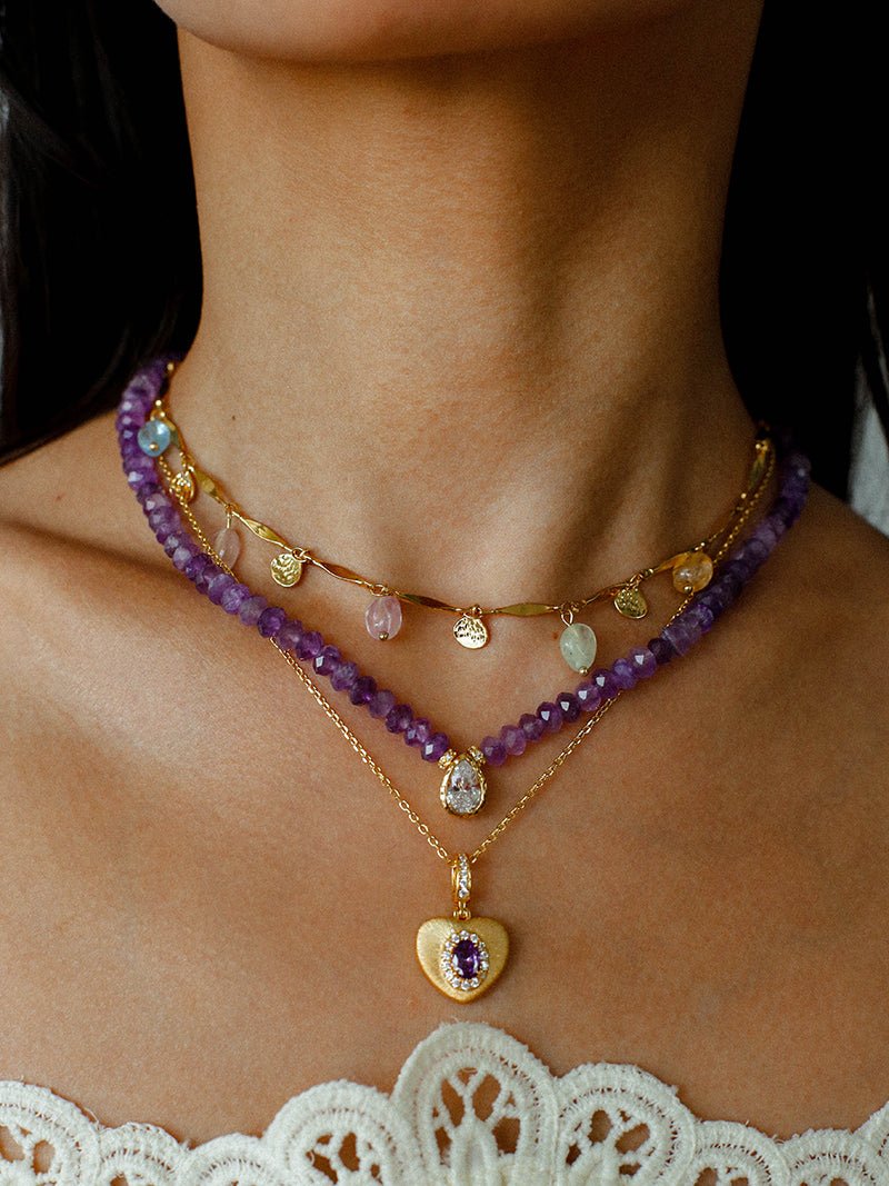 Teardrop Grace Necklace – Amethyst Beads with Zircon Drop - floysun