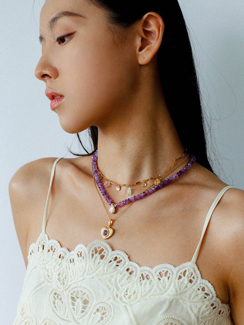 Teardrop Grace Necklace – Amethyst Beads with Zircon Drop - floysun