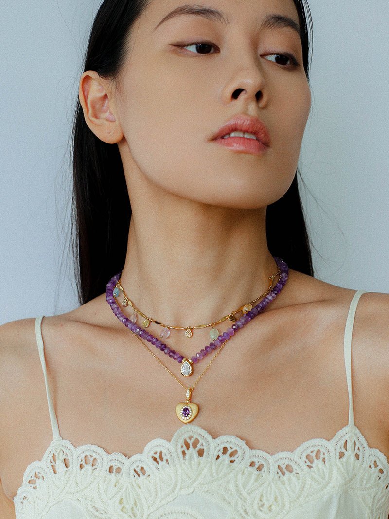 Teardrop Grace Necklace – Amethyst Beads with Zircon Drop - floysun