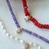 Teardrop Grace Necklace – Pearl Beads with Zircon Drop - floysun