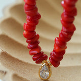 Teardrop Grace Necklace – Red Organic Beads with Zircon Drop - floysun