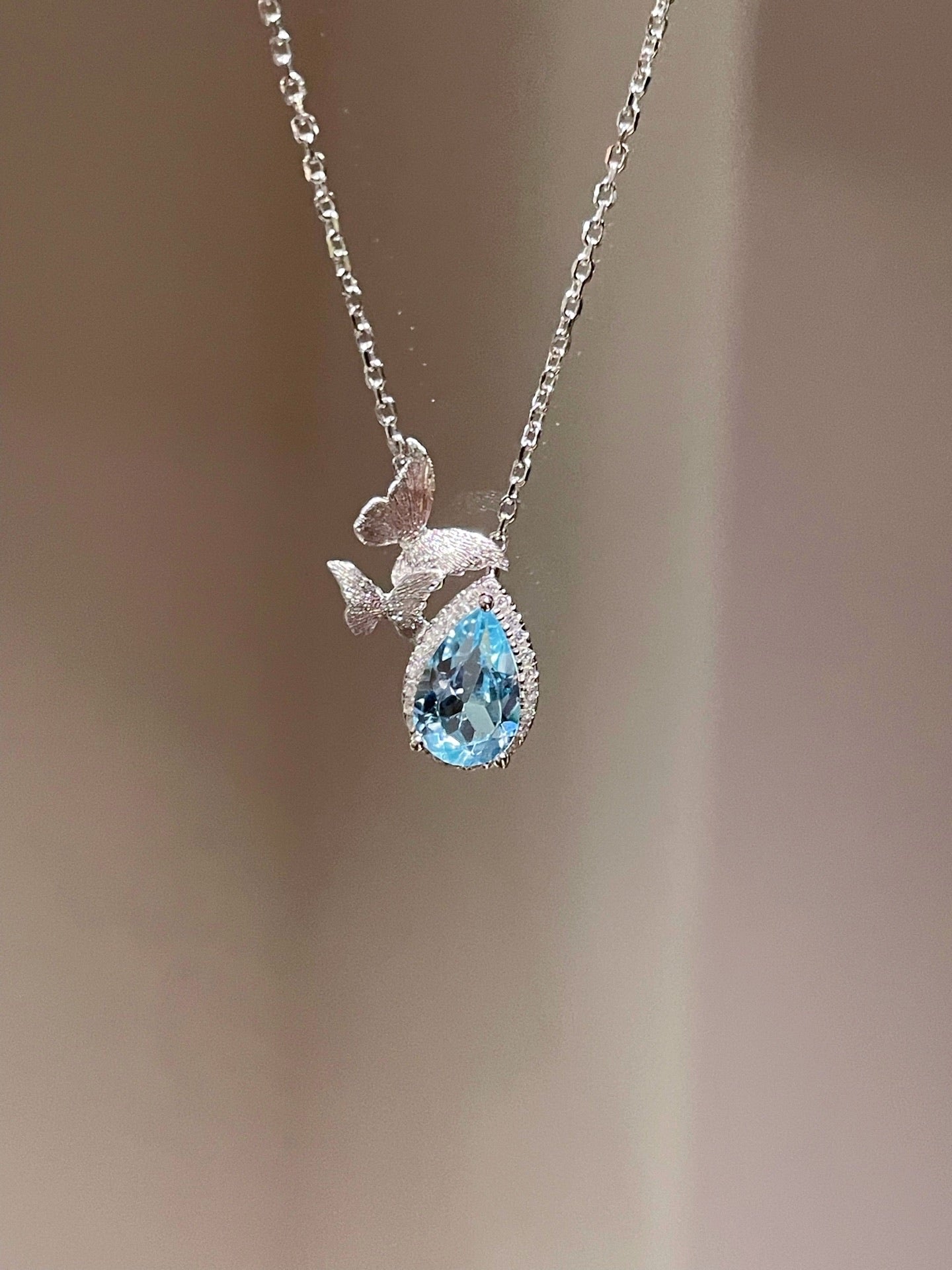 Topaz Waterdrop Pendant Necklace – Butterfly Accent - floysun