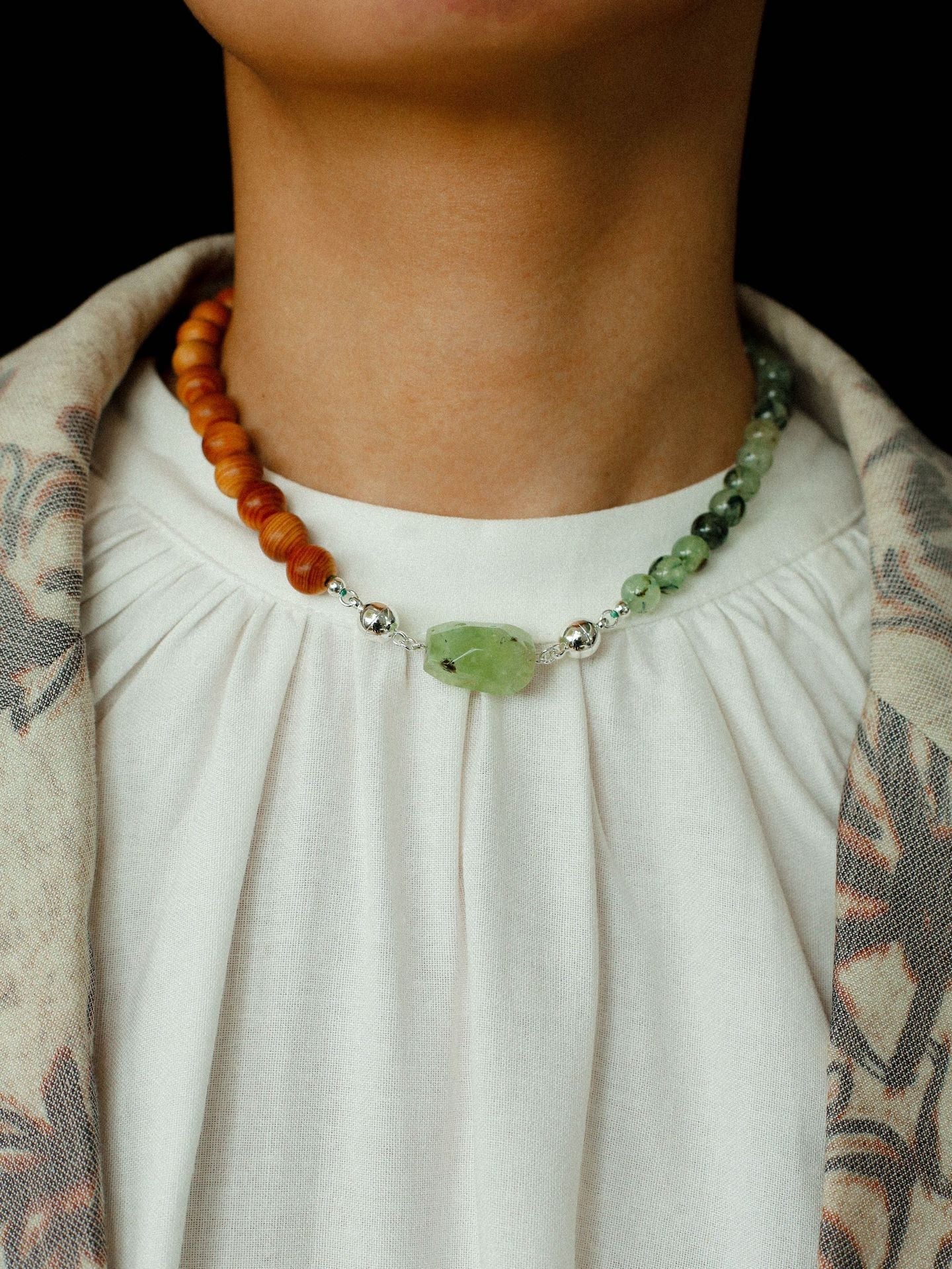 Tranquil Green Prehnite & Cypress Wood Convertible Magnetic Beaded Necklace - floysun