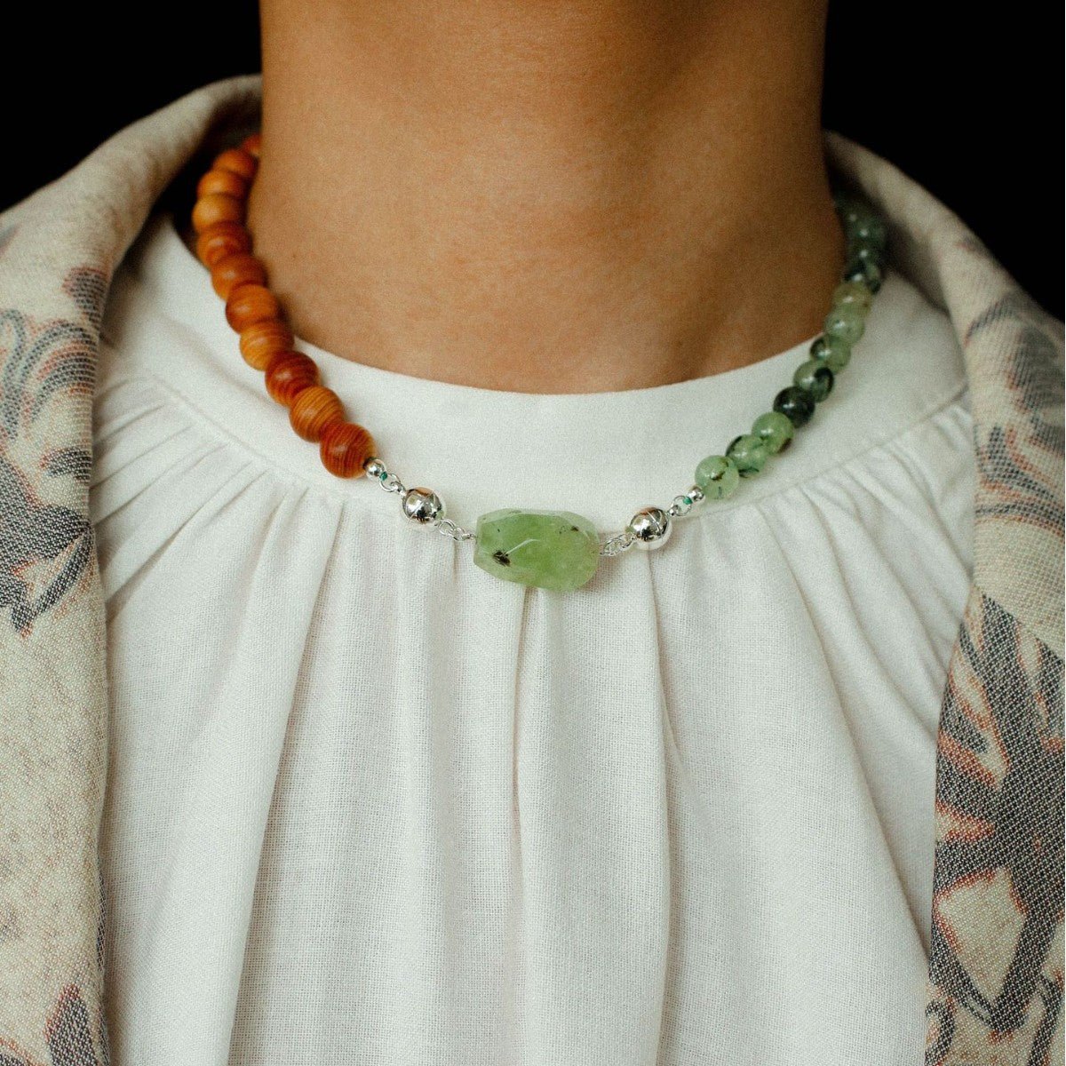 Tranquil Green Prehnite & Cypress Wood Convertible Magnetic Beaded Necklace - floysun