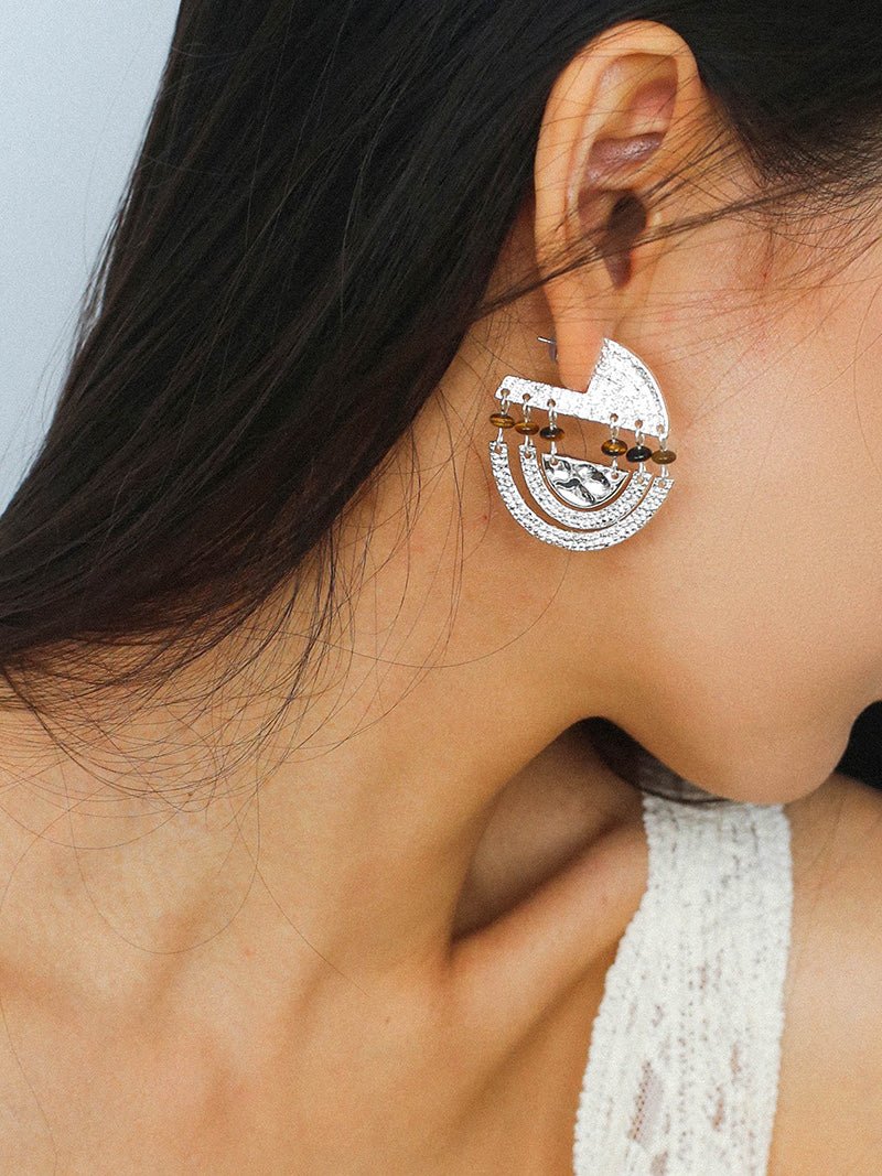 Tribal Echo Totem Stone Hoop Earrings - Silver - floysun