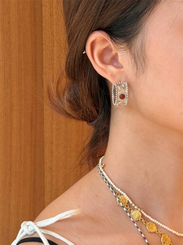Tribal Totem Gemstone Beaded Hoop Earrings - Silver - floysun