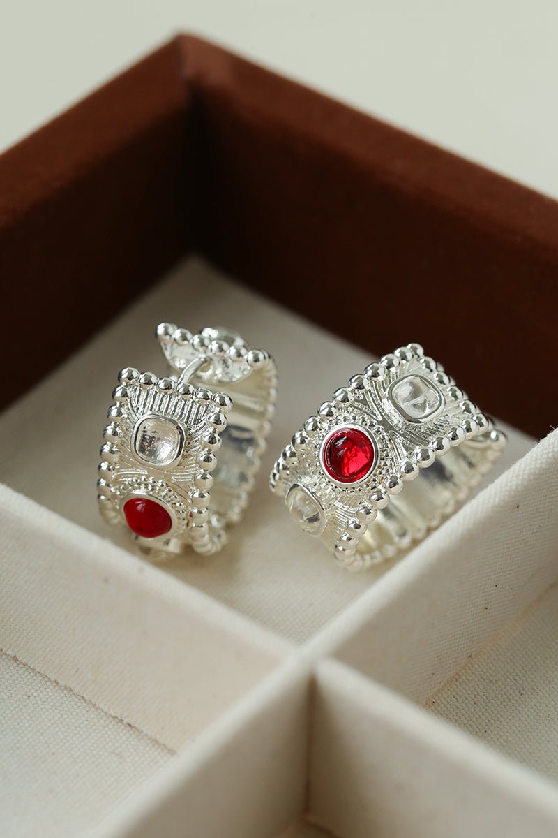 Tribal Totem Gemstone Beaded Hoop Earrings - Silver - floysun