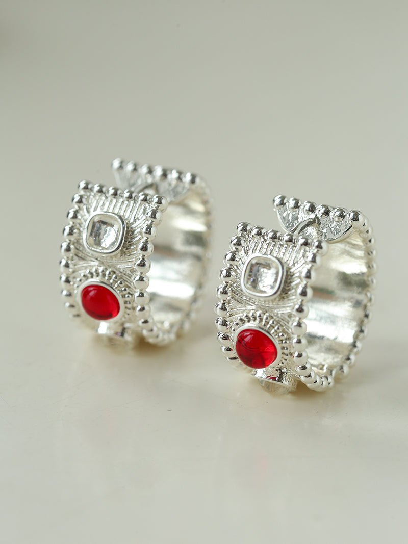 Tribal Totem Gemstone Beaded Hoop Earrings - Silver - floysun