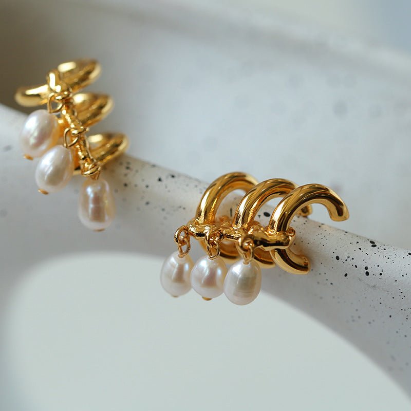Triple Hoop Grape Pearl Stud Earrings - Gold - floysun