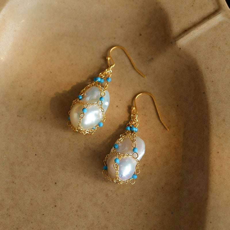 Turquoise & Baroque Pearl Pendant Earrings - floysun