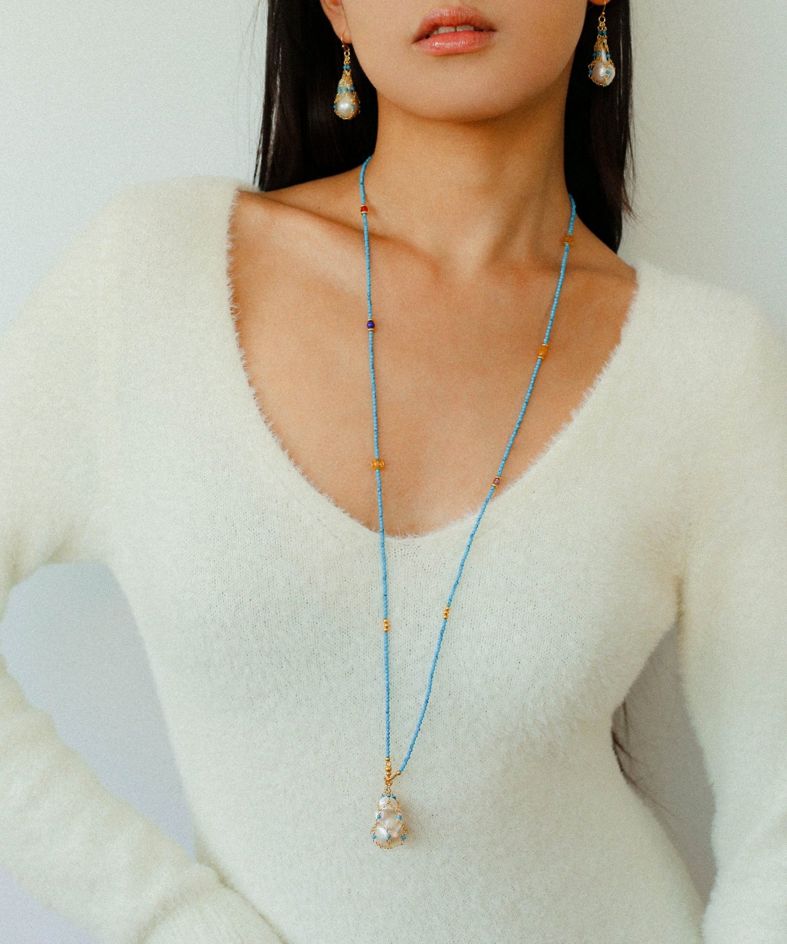 Turquoise & Baroque Pearl Pendant Net Necklace - floysun