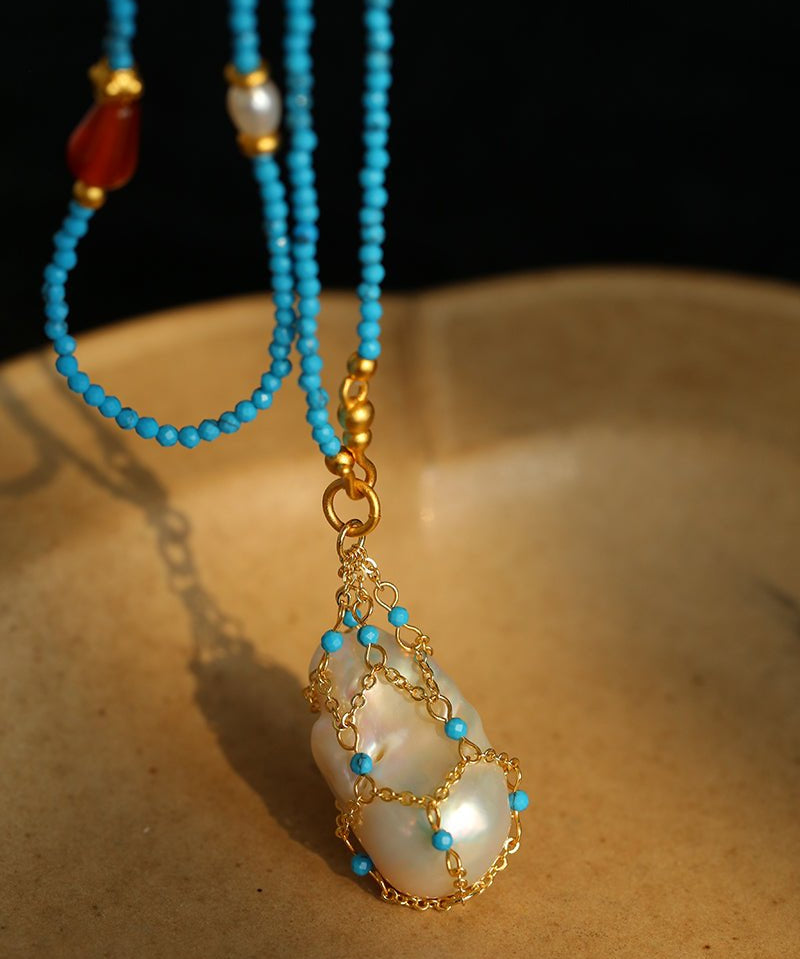 Turquoise & Baroque Pearl Pendant Net Necklace - floysun