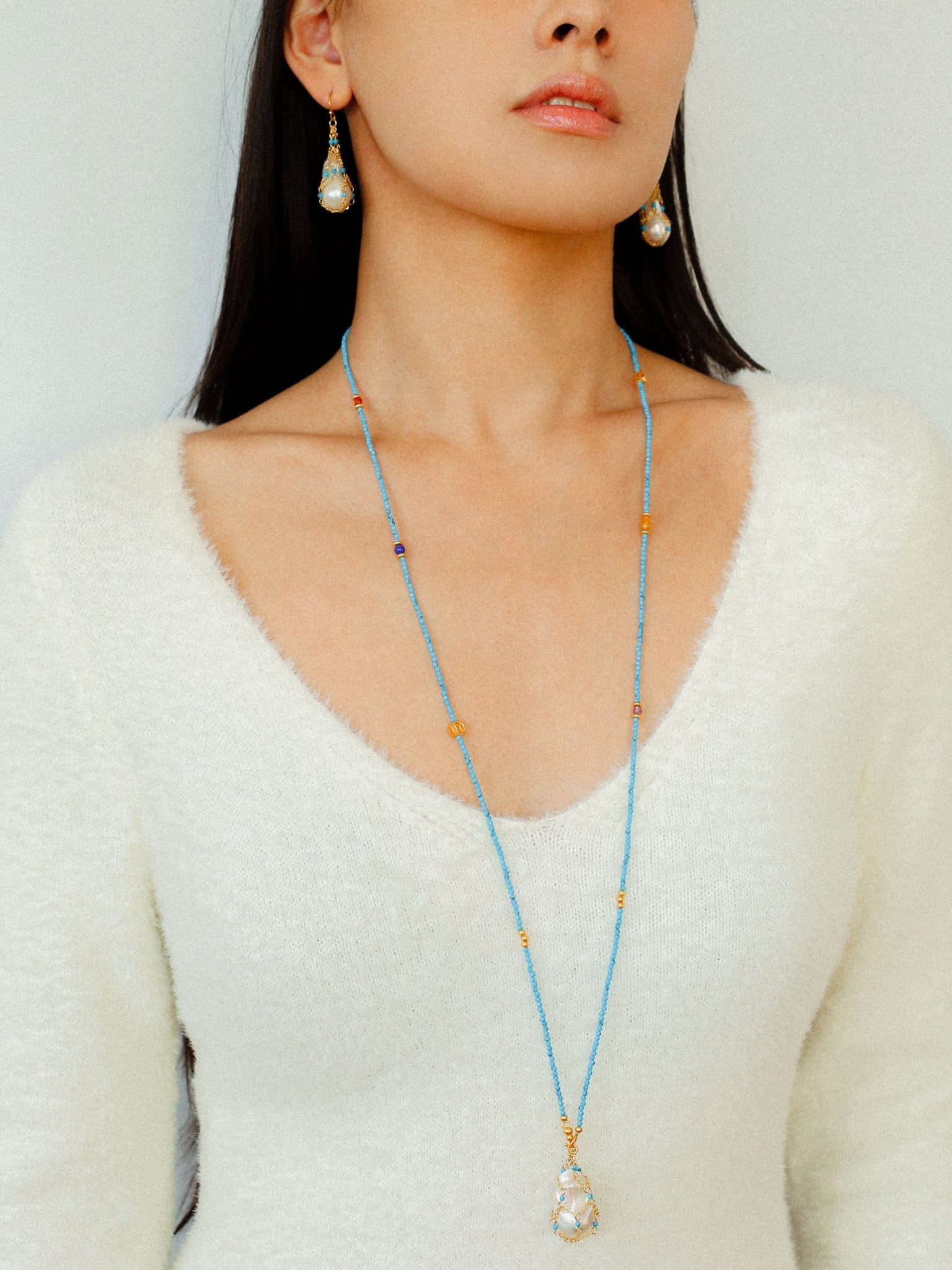 Turquoise & Baroque Pearl Pendant Net Necklace - floysun