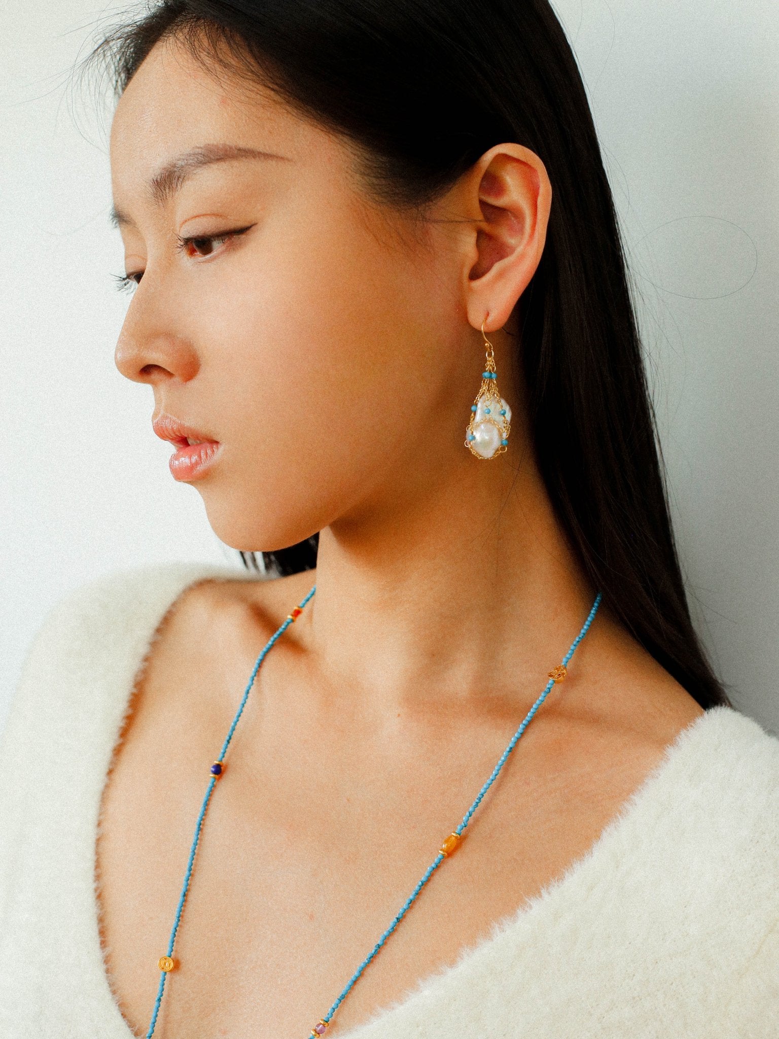 Turquoise & Baroque Pearl Pendant Net Necklace - floysun