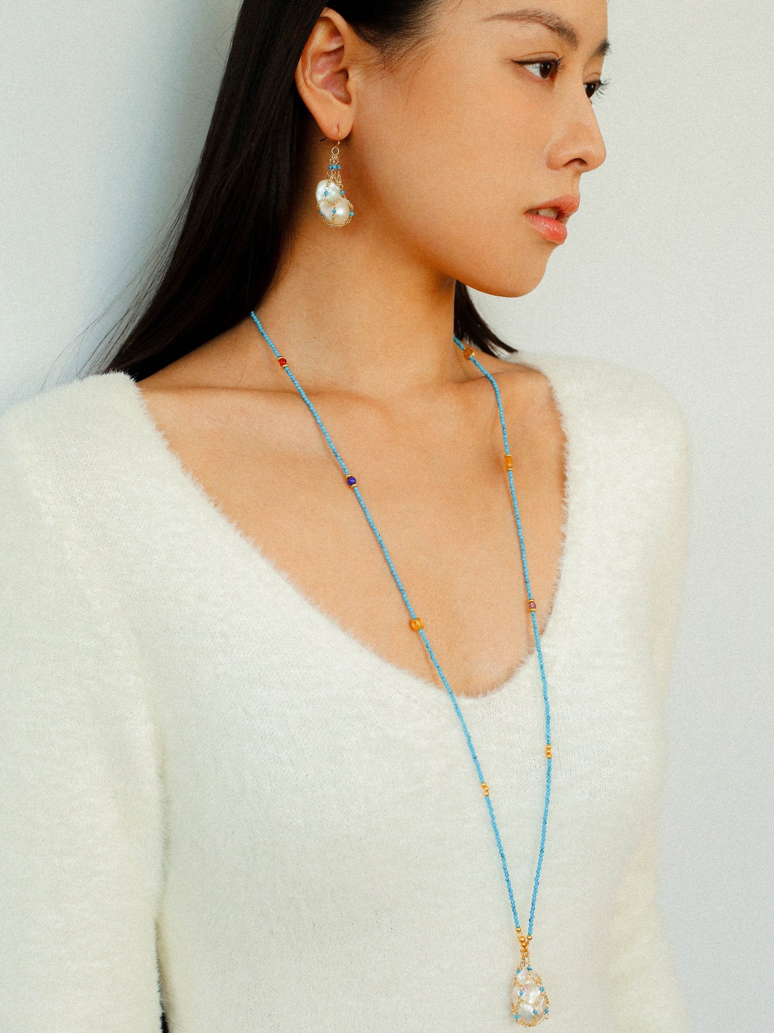 Turquoise & Baroque Pearl Pendant Net Necklace - floysun