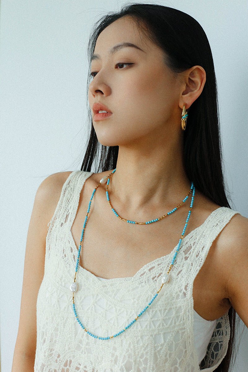 Turquoise & Gold Bead Spacer Beaded Necklace - floysun