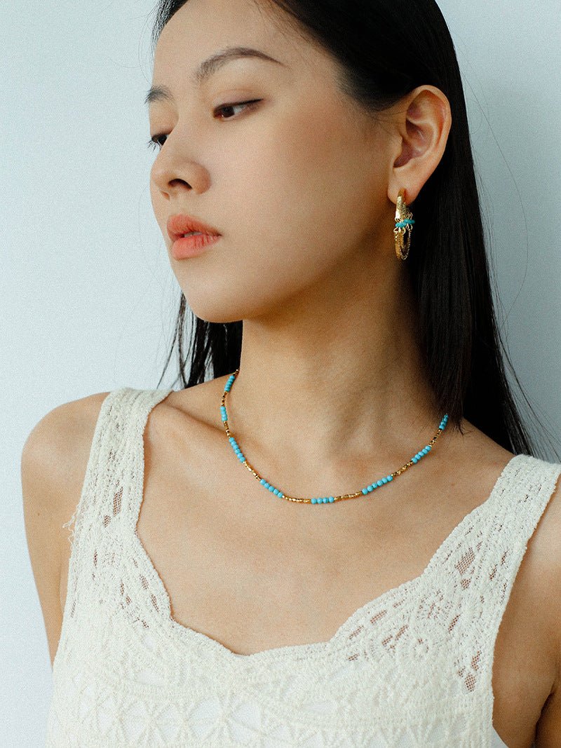 Turquoise & Gold Bead Spacer Beaded Necklace - floysun