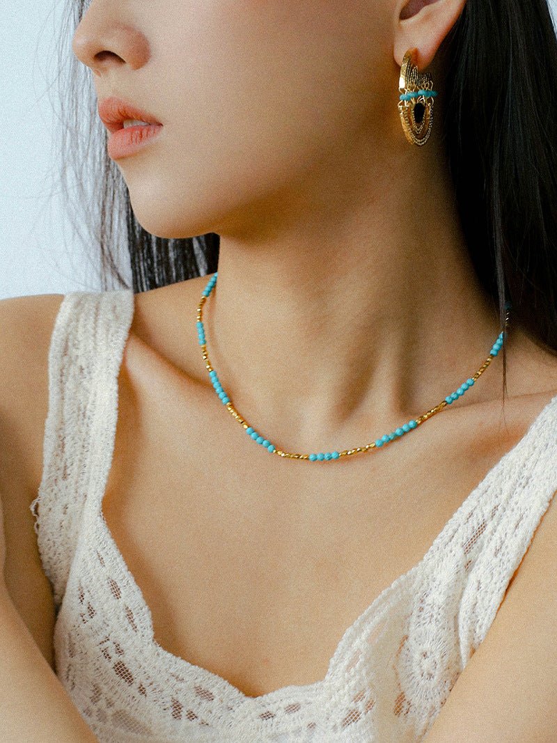 Turquoise & Gold Bead Spacer Beaded Necklace - floysun