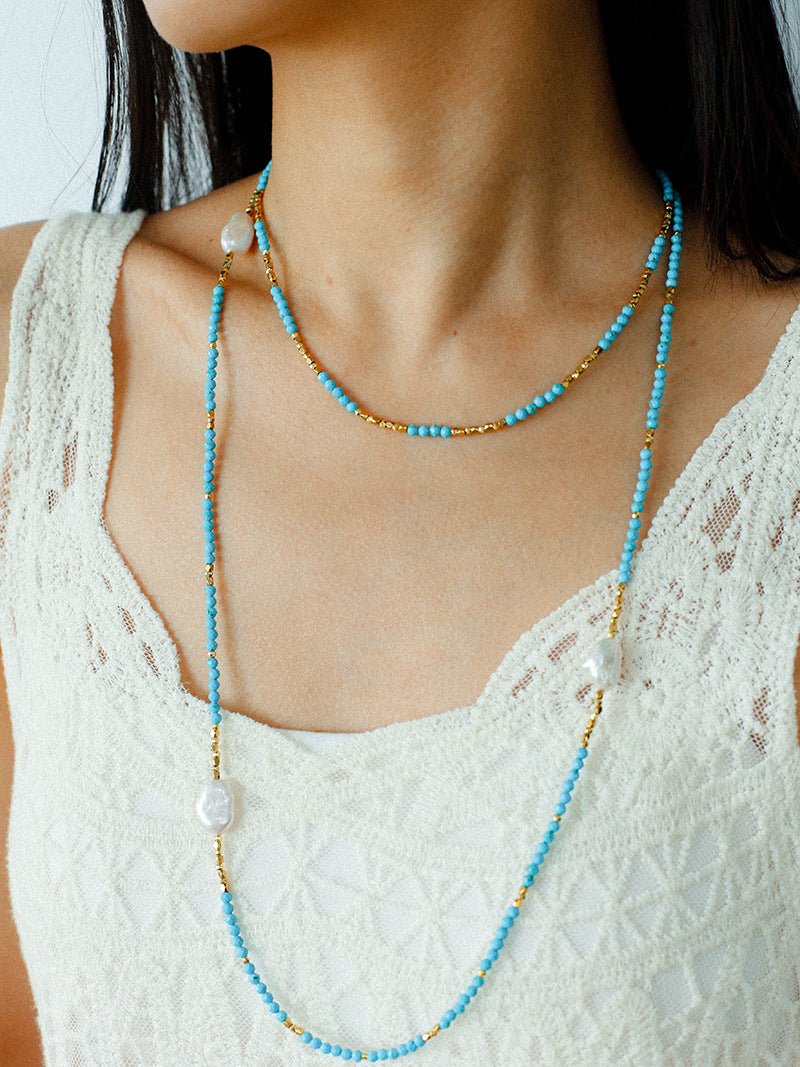 Turquoise & Gold Bead Spacer Beaded Necklace - floysun