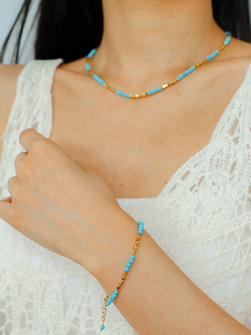 Turquoise & Gold Bead Spacer Beaded Necklace - floysun