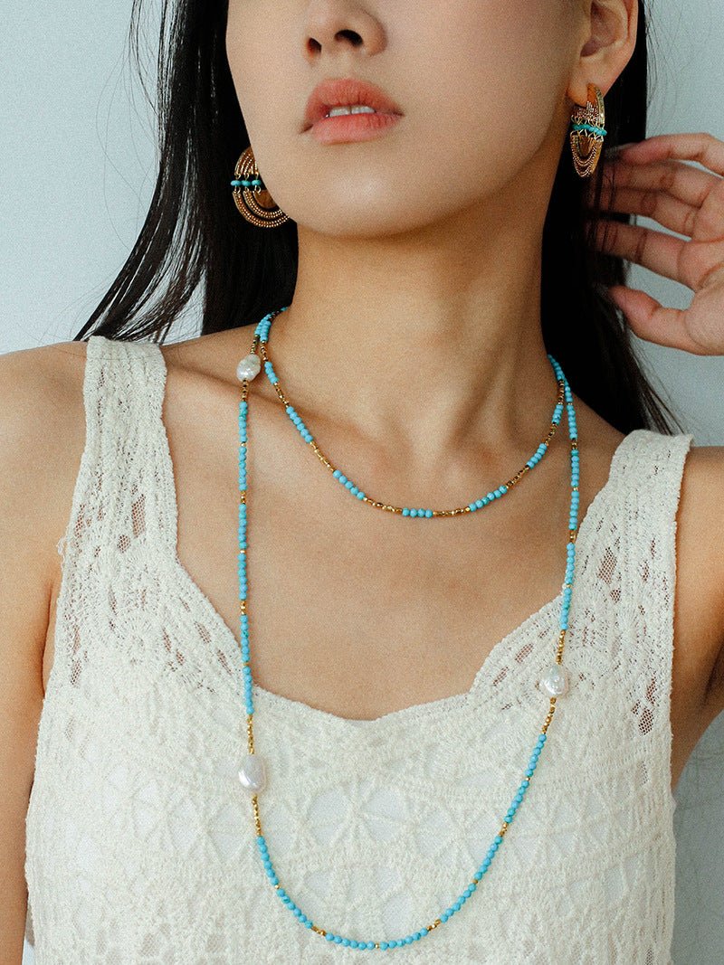 Turquoise & Gold Bead Spacer Beaded Necklace - floysun