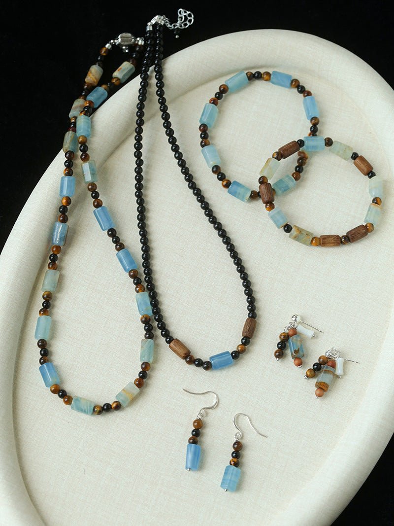 Twilight Mist Bracelet – Blue Calcite, Tiger's Eye, Onyx & Wood - floysun