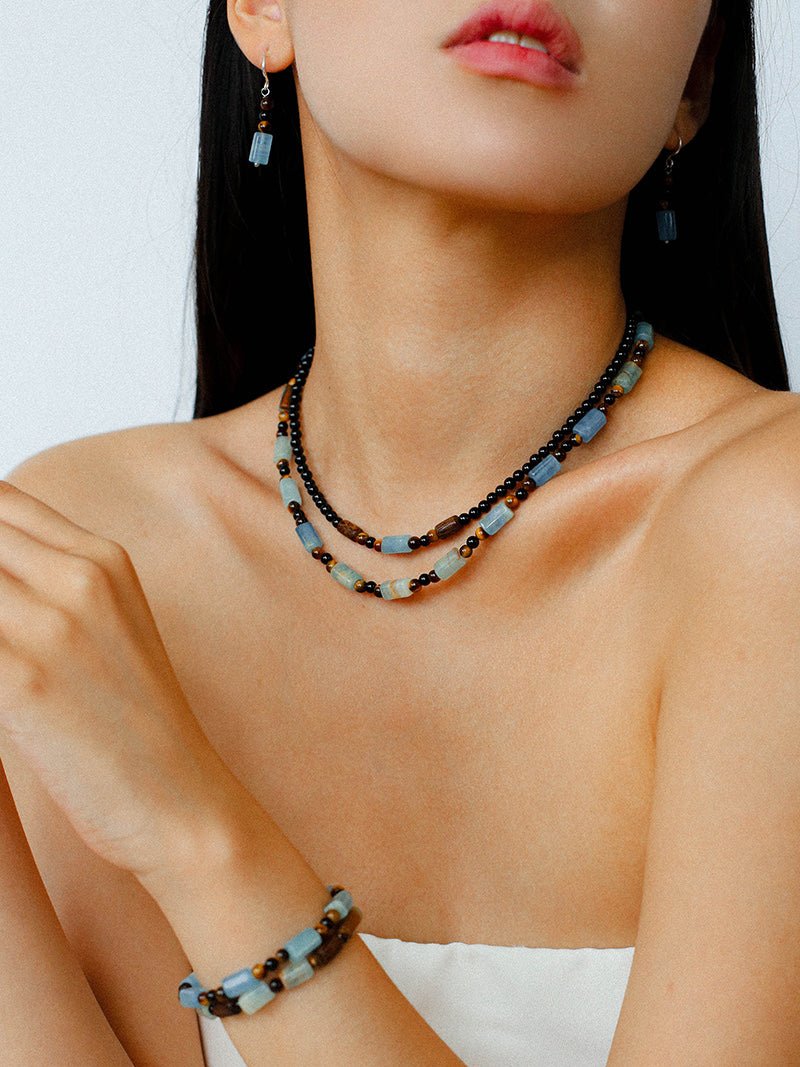 Twilight Mist Earrings – Blue Calcite & Onyx Accents - floysun