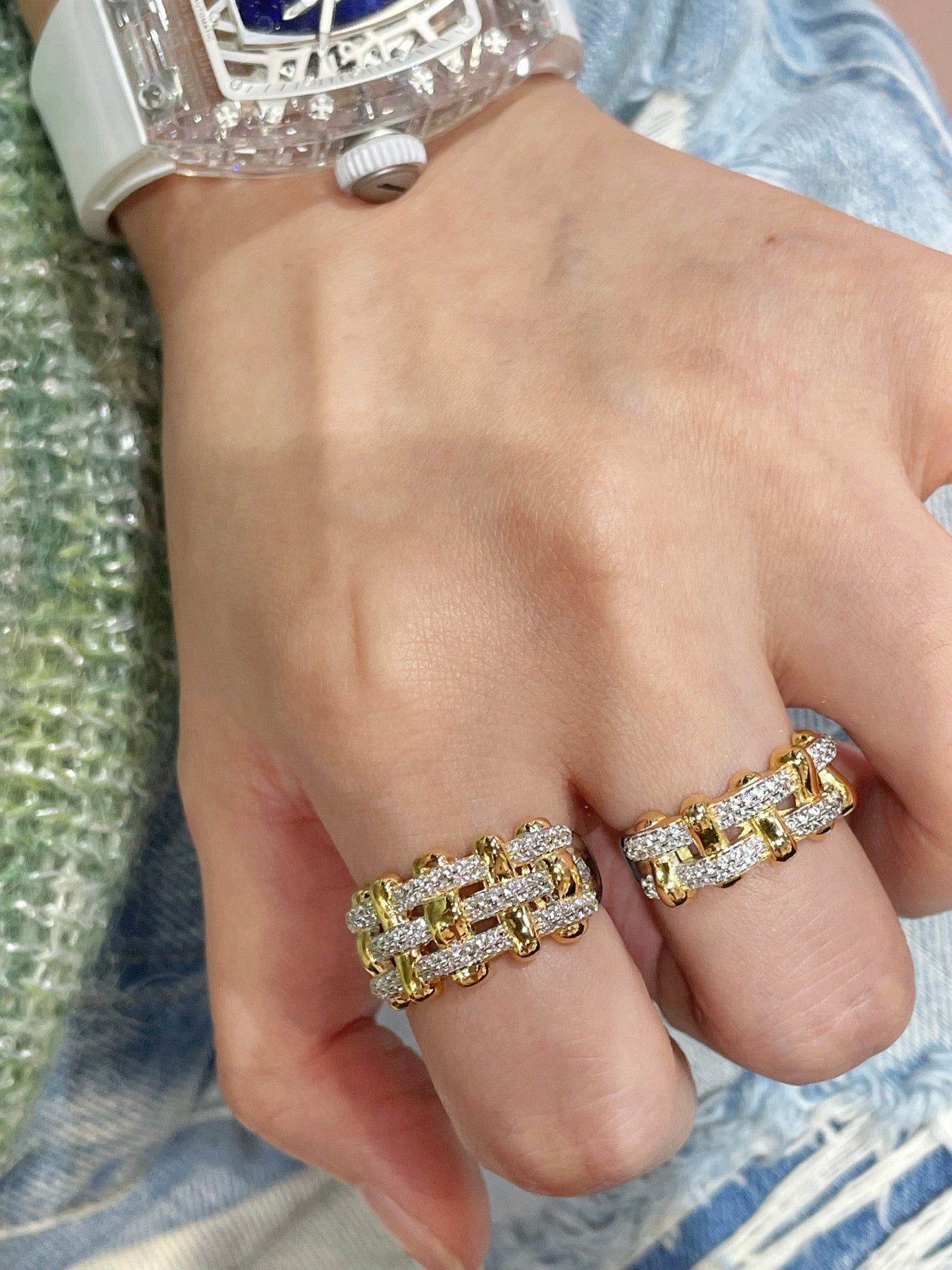 Two - Tone Checkered Pavé Slim Ring - floysun