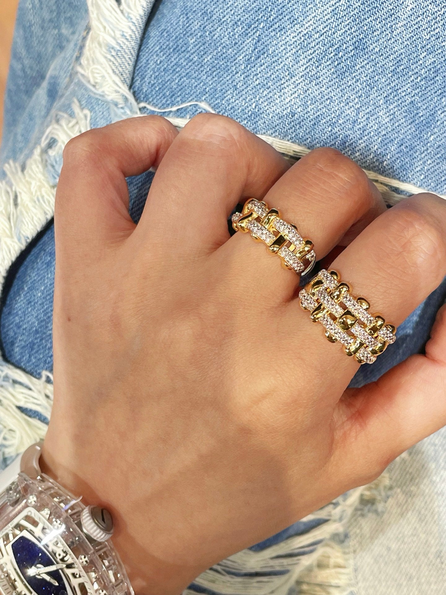 Two - Tone Checkered Pavé Slim Ring - floysun