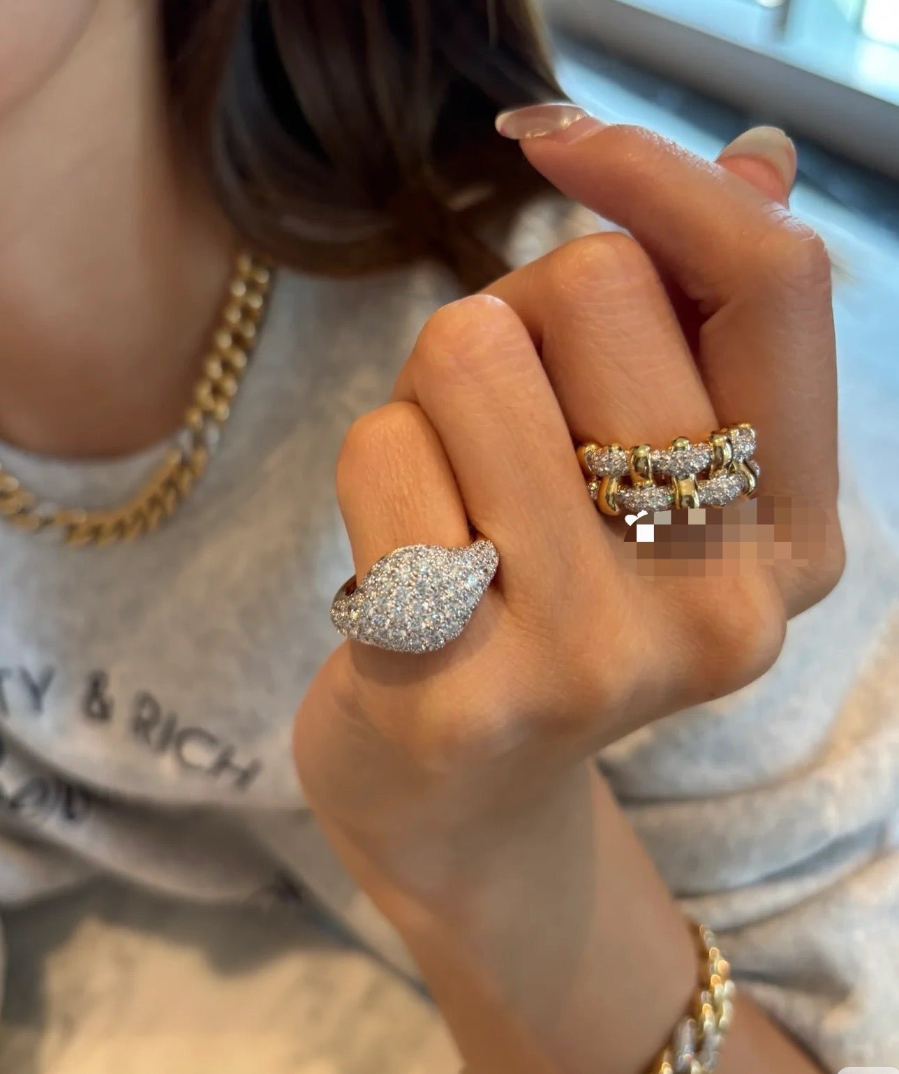 Two - Tone Checkered Pavé Slim Ring - floysun