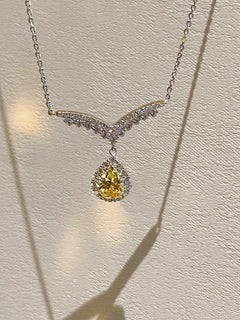 V - Crown Diamond Drop Necklace with Yellow Diamond Accent - floysun