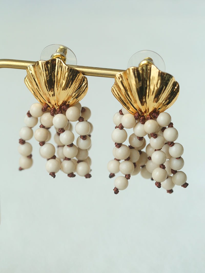 Vacation Collection White Fossil Bead Tassel Earrings - floysun