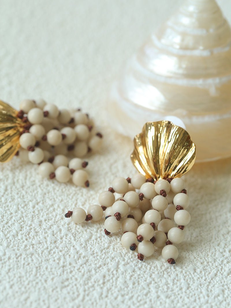 Vacation Collection White Fossil Bead Tassel Earrings - floysun