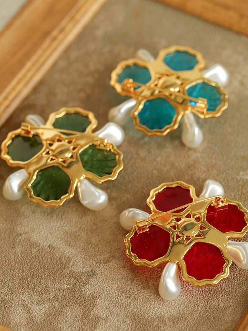 Vintage Handmade Stained Glass Pearl Petal Brooch - floysun