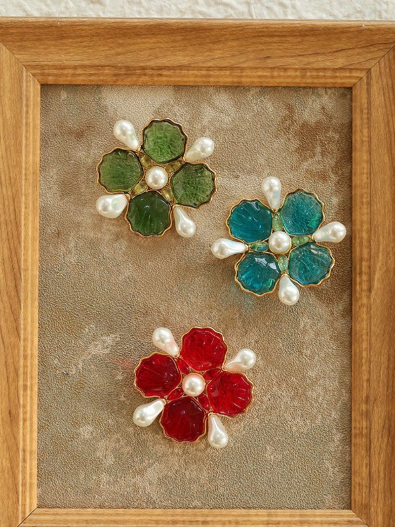 Vintage Handmade Stained Glass Pearl Petal Brooch - floysun