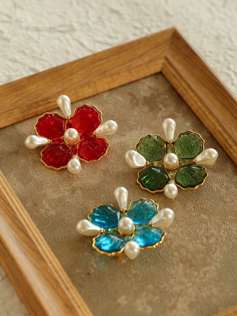 Vintage Handmade Stained Glass Pearl Petal Brooch - floysun