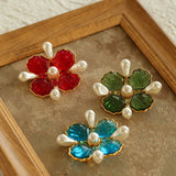 Vintage Handmade Stained Glass Pearl Petal Brooch - floysun