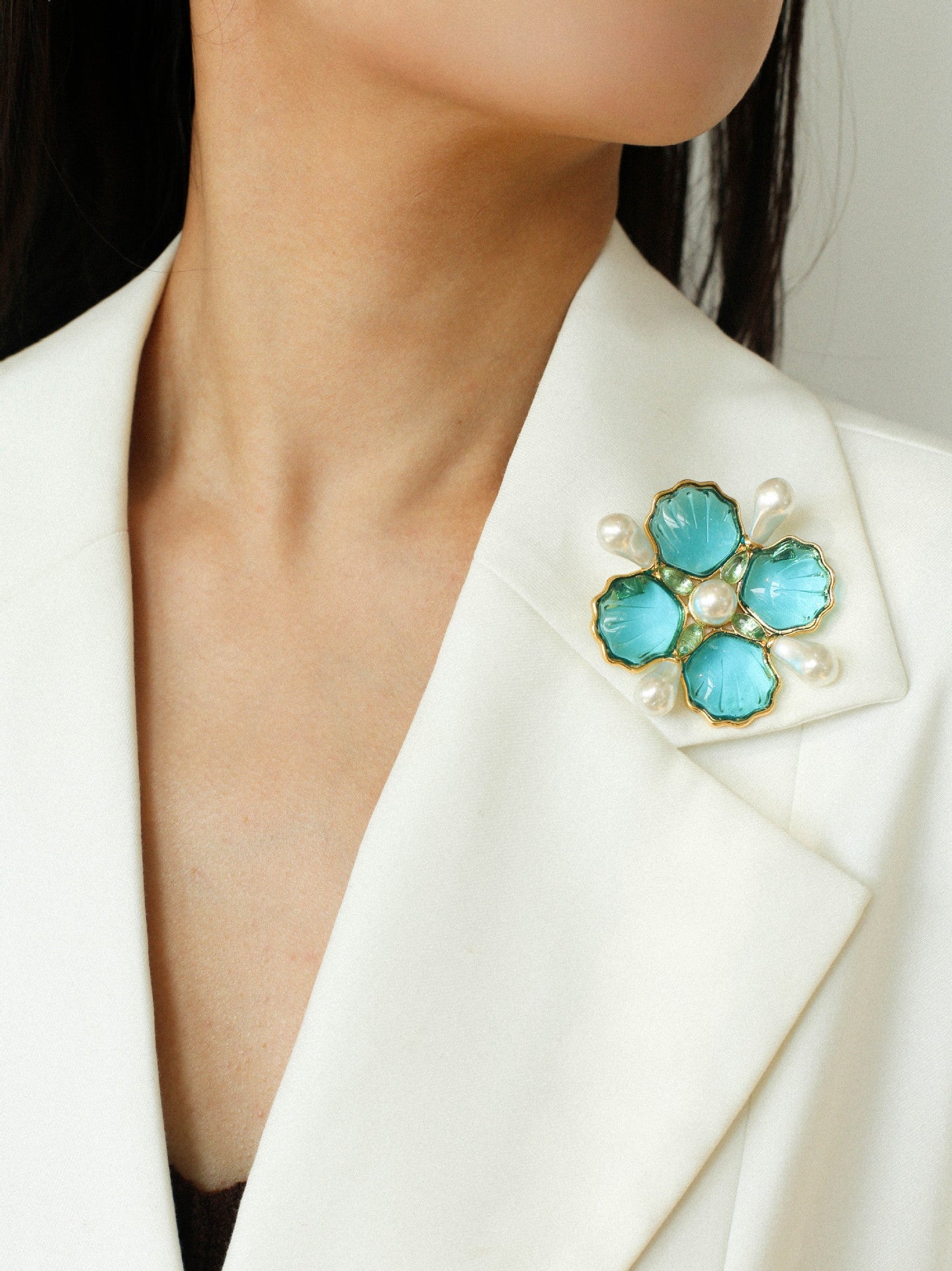 Vintage Handmade Stained Glass Pearl Petal Brooch - floysun