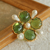 Vintage Handmade Stained Glass Pearl Petal Brooch - floysun