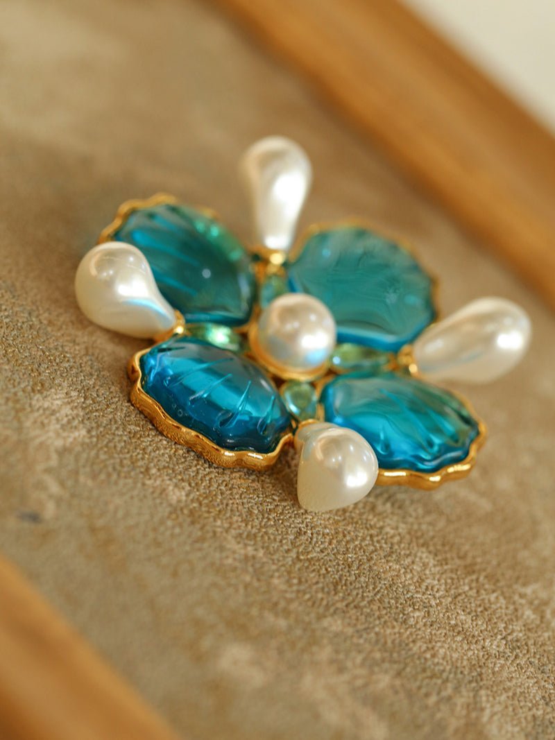 Vintage Handmade Stained Glass Pearl Petal Brooch - floysun