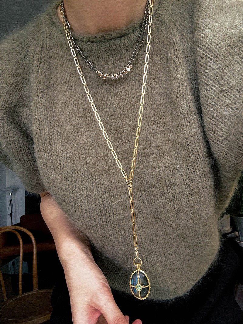 Vintage Oval Gemstone Long Necklace - floysun